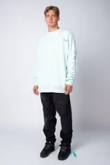 Buzo oversize de cuello redondo en color verde menta, confeccionado en tela rústica. Presenta un pequeño estampado en el pecho y una serie de estampados verticales a lo largo de la manga izquierda.