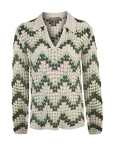 Sweater tejido a crochet de manga larga, con cuello polo y escote en V, con diseño geométrico en tonos beige, verde y marrón.