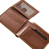 Billetera plegable color marrón, confeccionada en material sintético con costuras decorativas en contraste y logo metálico circular de la marca en la esquina inferior derecha.