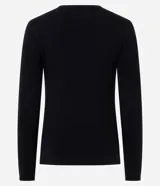Suéter de punto en color negro con cuello redondo y mangas largas. Presenta un delicado bordado floral con pedrería en la zona de los hombros.