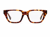 Armazón de receta con diseño cuadrado y líneas rectas, fabricado en bio acetato con estampado carey.