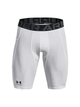 Calza corta de compresión Under Armour, color blanco, con cintura elástica ancha con logo de la marca y bolsillo lateral Strength Pocket.