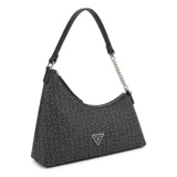 Cartera tipo hobo Guess modelo Eileen, color negro con estampado de monograma de la marca. Presenta un diseño triangular con cierre superior, asa de hombro combinada con cadena metálica y placa triangular con logo en el frente.