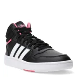 Championes Adidas modelo Hoops 3.0 Mid de corte medio, color negro con las icónicas tres tiras laterales en blanco. Presenta detalles en color rosado en el cuello, lengüeta y suela, con cordones negros y suela de goma blanca.