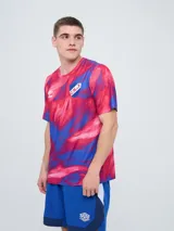 Remera de entrenamiento Umbro del Club Nacional de Football, modelo Press, para hombre. Diseño en tonos de rojo con patrón estampado tipo humo o abstracto, cuello redondo y mangas cortas. Incluye el logo de Umbro y el escudo del club en el pecho.