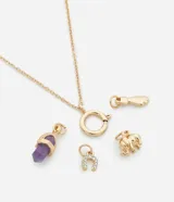 Collar corto dorado con cierre de aro y cuatro dijes colgantes: mano de Fátima, herradura con strass, cristal amatista y elefante. Incluye packaging para regalo.