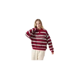 Sweater de punto Eme Studios modelo Sweet Lava Knit Polo, con diseño de rayas horizontales en rojo, blanco y negro, cuello polo, cierre frontal parcial con botones ocultos y el nombre de la marca bordado en el pecho.
