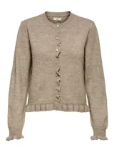 Cardigan de punto color beige melange, con cuello redondo, cierre frontal de botones y detalle de volados en el ruedo y los puños.