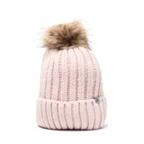 Gorro de lana tejido en punto canalé, color rosa claro, con diseño de doblez en el borde y pompón de pelo sintético en la parte superior.