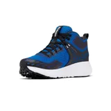 Bota de senderismo Columbia modelo Konos TRS OutDry Mid, color azul con detalles en negro y suela blanca. Presenta diseño de altura media con malla técnica, tecnología impermeable OutDry y sistema de amortiguación TechLite+.