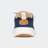 Championes Hey Dude modelo Sirocco Alta Craft, de diseño vintage en color azul marino. Presentan una combinación de materiales textiles y detalles en cuero, con cordones de cuerda y suela blanca ligera y flexible.