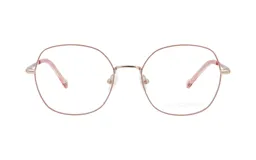 Lentes Demenego modelo 134/52, con armazón metálico de forma redondeada en color rosado y dorado, con patillas translúcidas en tono rosado.
