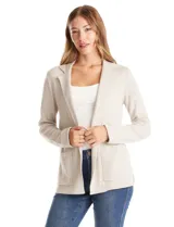 Cardigan tejido color beige, marca Elie Tahari, con cuello con solapa, bolsillos delanteros aplicados y ruedo de manga con dobladillo.