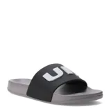 Chanclas tipo slide Umbro, con banda ancha negra y logo en relieve blanco. Presentan una plantilla anatómica y suela de EVA gris con textura antideslizante.