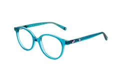 Armazón de acetato color celeste con forma redondeada y diseño de unicornios en las patillas.