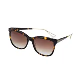 Lentes de sol con armazón de acetato en estampado carey y patillas metálicas finas en color dorado. Cuentan con cristales degradados en tono marrón.