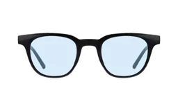 Lentes de sol unisex con montura redonda negra y cristales celestes.