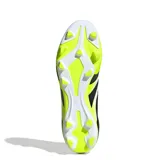 Championes de fútbol Adidas Predator Club Sock, con diseño de corte medio tipo calcetín. Presentan una base blanca con detalles en negro y degradado en amarillo neón en la puntera y la suela. Incluyen el logo de Predator y las tres tiras características de la marca en los laterales.