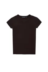 Camiseta básica de corte entallado, cuello redondo y manga corta, confeccionada en tejido de punto elástico con acabado recto.