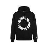 Canguro Nike SB negro con capucha y cordones ajustables. Presenta un diseño gráfico circular con el logo de Nike SB en relieve de textura afelpada blanca en el centro y un pequeño logo bordado en el puño.
