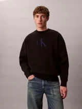 Buzo Calvin Klein de cuello redondo, color negro, con manga larga, puños y dobladillo acanalados, y el logo de la marca bordado en el pecho en tono azul.