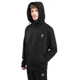 Campera con capucha y cierre frontal, color negro, con logo minimalista blanco bordado en el pecho. Presenta bolsillos tipo canguro y puños y cintura acanalados.