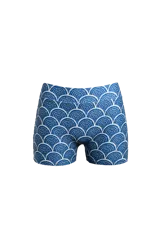 Short corto de tiro medio con estampado de caracoles en tonos azules y blancos.