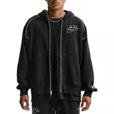 Campera Nike Air negra con capucha, cierre frontal completo y ribetes blancos. Presenta estampado gráfico en el pecho y bolsillos estilo canguro.