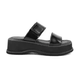 Sandalias negras de cuero sintético con plataforma y doble tira, una con ajuste de velcro.