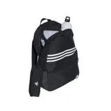 Mochila Adidas negra con tres rayas horizontales blancas en la parte superior y logo de Adidas en la parte inferior. Incluye un estuche pequeño con cierre y logo de Adidas.