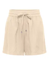 Short de lino y viscosa color beige con cintura elástica y cordón ajustable con punteras metálicas, de corte regular.