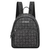 Mochila Guess modelo Nessa, color negro con estampado de monograma de la marca en gris oscuro. Presenta un bolsillo frontal con cierre, tiradores metálicos con forma de flor y correas ajustables con el logo de la marca estampado.
