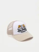 Gorra tipo trucker Von Dutch con panel frontal blanco, visera y malla trasera en color beige. Presenta un bordado central con el logo de la marca y un ojo alado.