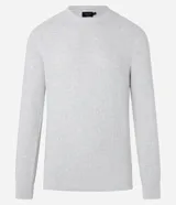 Suéter masculino de cuello redondo y manga larga, confeccionado en malla de viscosa y poliamida con textura de cuadros grid.
