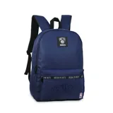 Mochila de nylon color azul marino con múltiples logos y estampados del equipo Brooklyn Nets de la NBA. Presenta un parche principal con el logo 'Nets B Brooklyn', una cinta frontal con texto repetido 'Brooklyn Nets' y un estampado grande de 'BKLYN' en la parte inferior.