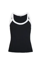 Musculosa Le Lis Blanc de punto color negro, con corte recto, escote redondo amplio con ribete en contraste color blanco, tirantes medianos y silueta ajustada.
