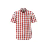 Camisa de manga corta Caterpillar con diseño a cuadros en tonos rojos y blancos. Presenta cuello clásico, cierre frontal con botones, un bolsillo en el pecho con el logo de la marca y corte recto.