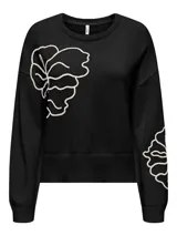 Sweater tejido de color beige con cuello redondo, mangas largas y detalles de bordado floral en negro.
