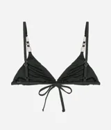 Top de bikini triangular color verde oscuro, con breteles finos adornados con cuentas blancas y negras.