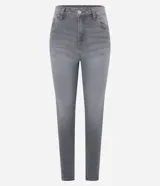 Pantalón skinny de jeans gris con cintura alta, bolsillos delanteros y traseros, cierre con botón y cremallera.