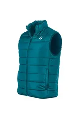 Chaleco puffer color verde azulado, sin mangas, con cuello alto, cierre frontal completo y bolsillos laterales. Cuenta con el logo de la marca bordado en el pecho.