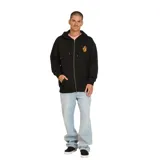 Canguro con cierre frontal de la marca Volcom, color negro, con capucha ajustable mediante cordones y bolsillos tipo canguro. Presenta un pequeño estampado gráfico en el pecho izquierdo.