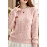 Buzo rosado de punto con diseño trenzado, cuello redondo y manga larga.