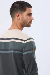 Remera de manga larga con cuello redondo, diseño a rayas horizontales en tonos beige, verde oscuro y gris. Confeccionada en algodón y poliéster.