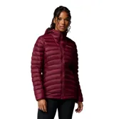 Campera puffer Columbia Corelite Down Jacket de color bordó, con capucha, cierre frontal completo y bolsillos laterales con cremallera.