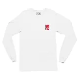 Remera de manga larga color blanco, confeccionada en algodón, con estampado gráfico pequeño en el pecho y diseño grande en la espalda con la marca Emexem.
