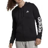 Campera Adidas Essentials de mujer, color negro, con cierre frontal, capucha ajustable con cordón, bolsillos laterales y logo de Adidas estampado en blanco en el pecho y en la manga izquierda.