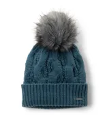 Gorro de lana tejido con diseño de ochos, color azul petróleo, con borde acanalado y pompón de pelo sintético gris en la parte superior. Incluye una pequeña placa metálica con el logo de la marca en el borde.
