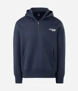 Buzo canguro masculino azul marino con capucha, medio cierre frontal y un gran estampado con la palabra "UNLIMITED" en la espalda.
