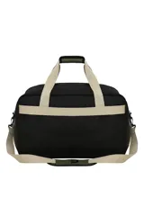Bolso deportivo marrón y gris con el logo de Discovery en el lateral. Tiene un bolsillo frontal, bolsillos laterales, sujeción para valija, botinero y tira desmontable.